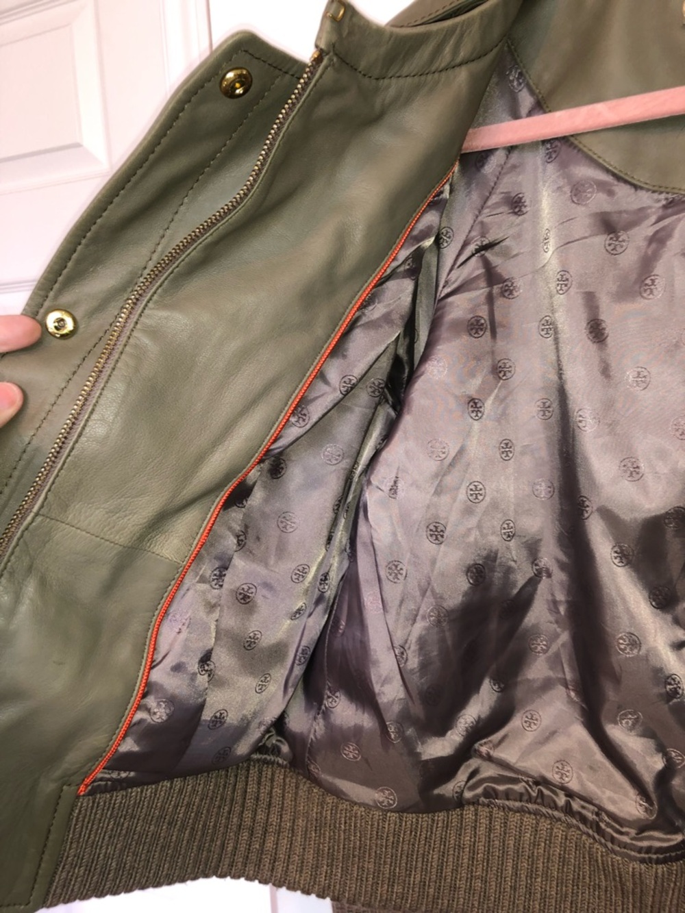 Tory Burch Olive Green Mixed-Media Leather Jacket with Knit Trim - Picture 5 of 8